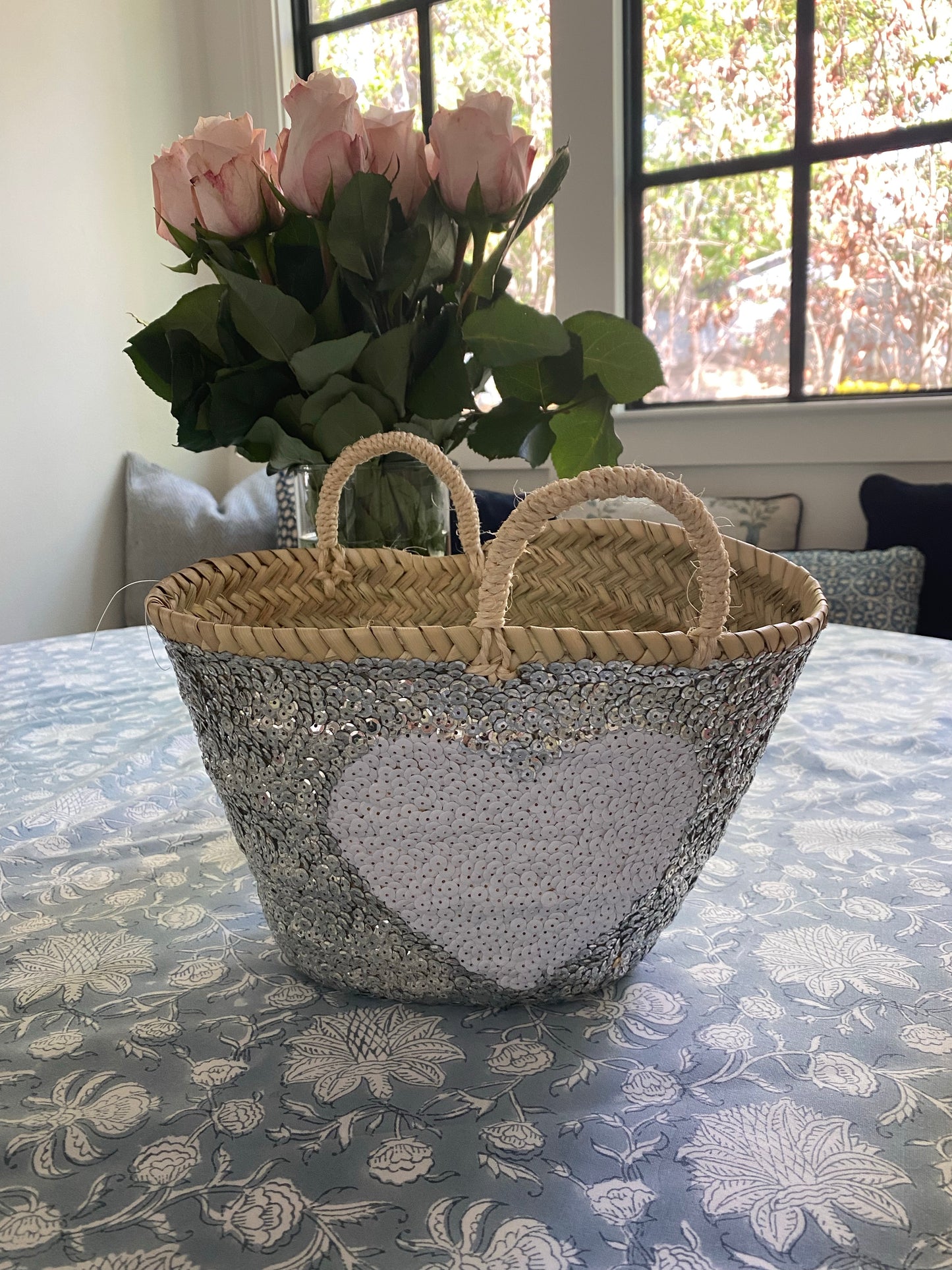 Silver Sequin Straw Tote